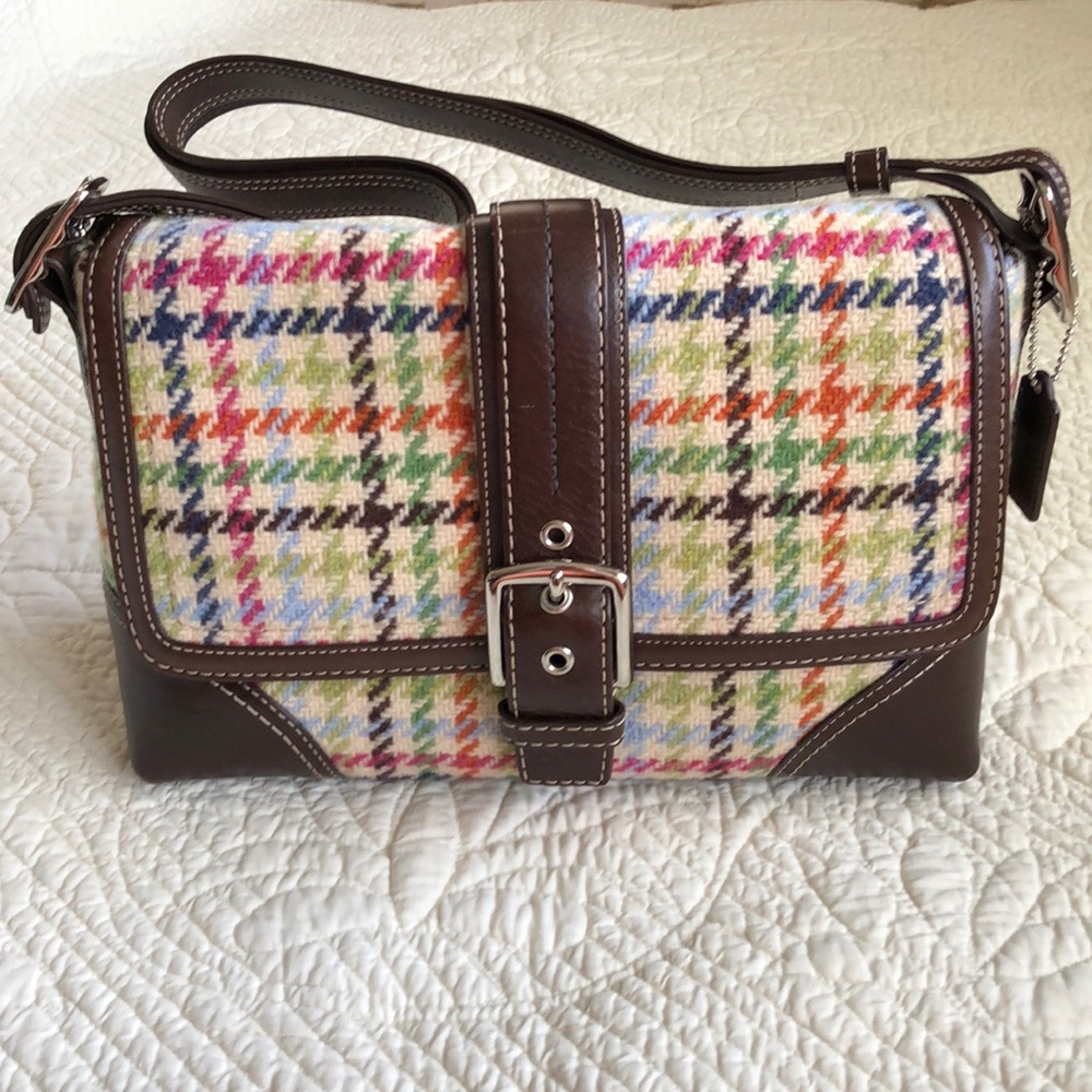 COACH houndstooth and brown leather shoulder bag
